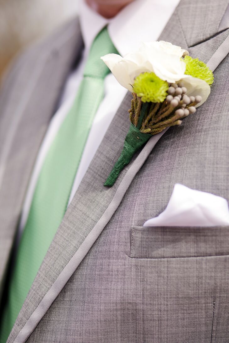 Gray Groom Suit with Green Tie and Boutonniere