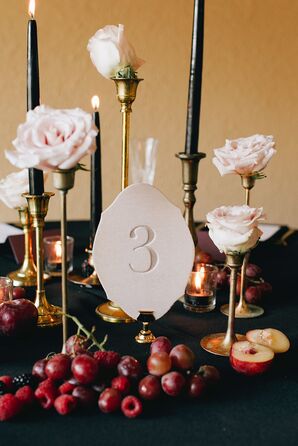 Tablescape with Black Taper Candles and Letterpress Printed Table Number