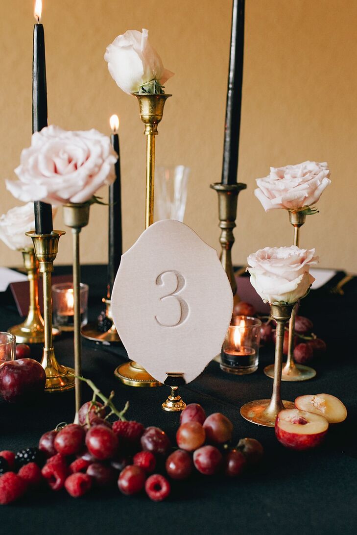 Tablescape with Black Taper Candles and Letterpress Printed Table Number