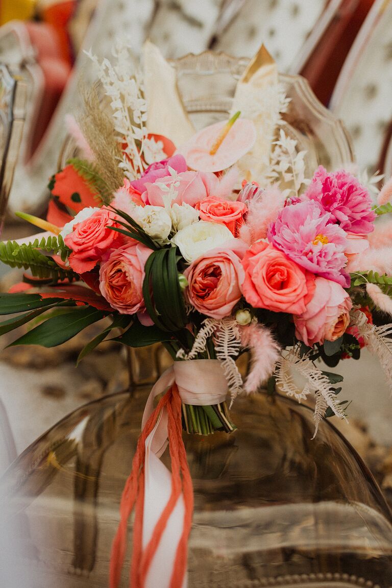 Wedding bouquet wrap with orange and white ribbon in two widths