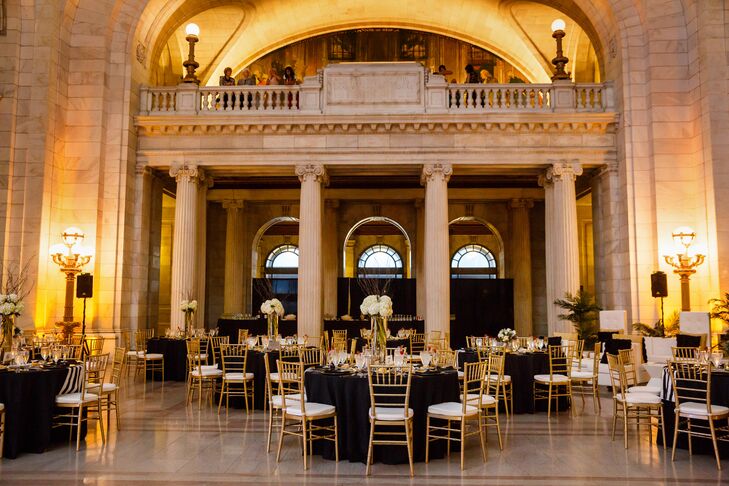 The reception space was held in the same ballroom as the ceremony, transformed with dining tables and chiavari chairs for the evening.