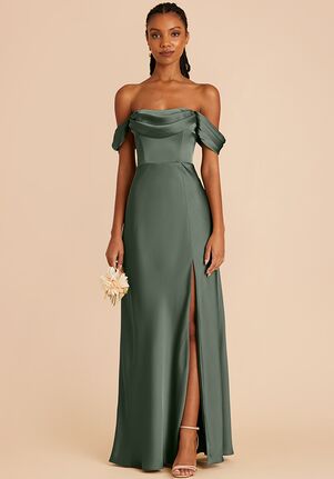 Birdy Grey Mia Matte Satin Dress in Eucalyptus Off the Shoulder Bridesmaid Dress