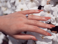 Nude nail polish with silver engagement ring
