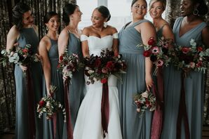 Bride and Wedding Party Carrying Bouquets With Maroon Ribbon