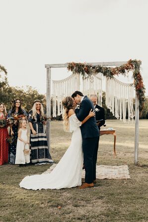 Bohemian Bride and Groom With Macrame Backdrop