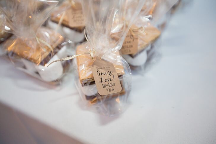 "We gave our guests individually wrapped s'mores packages as favors, and they were able to roast the s'mores over an outdoor fire pit on the patio at the reception," says Brittany.