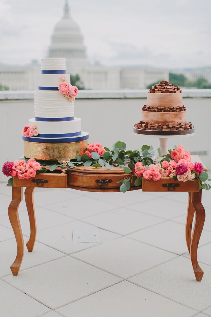 The wedding cake was a four-tier round cake, with a larger second tier and alternating textured and smooth white buttercream. The groom's cake was chocolate cake with milk chocolate ganache and peanut butter buttercream decorated with Reese's Peanut Butter Cups. "Mark is from Hershey, Pennsylvania, and loves chocolate and peanut butter," Brittany says.
