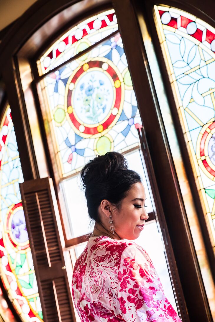 Bride Getting Ready in a Silk Pink Floral Robe