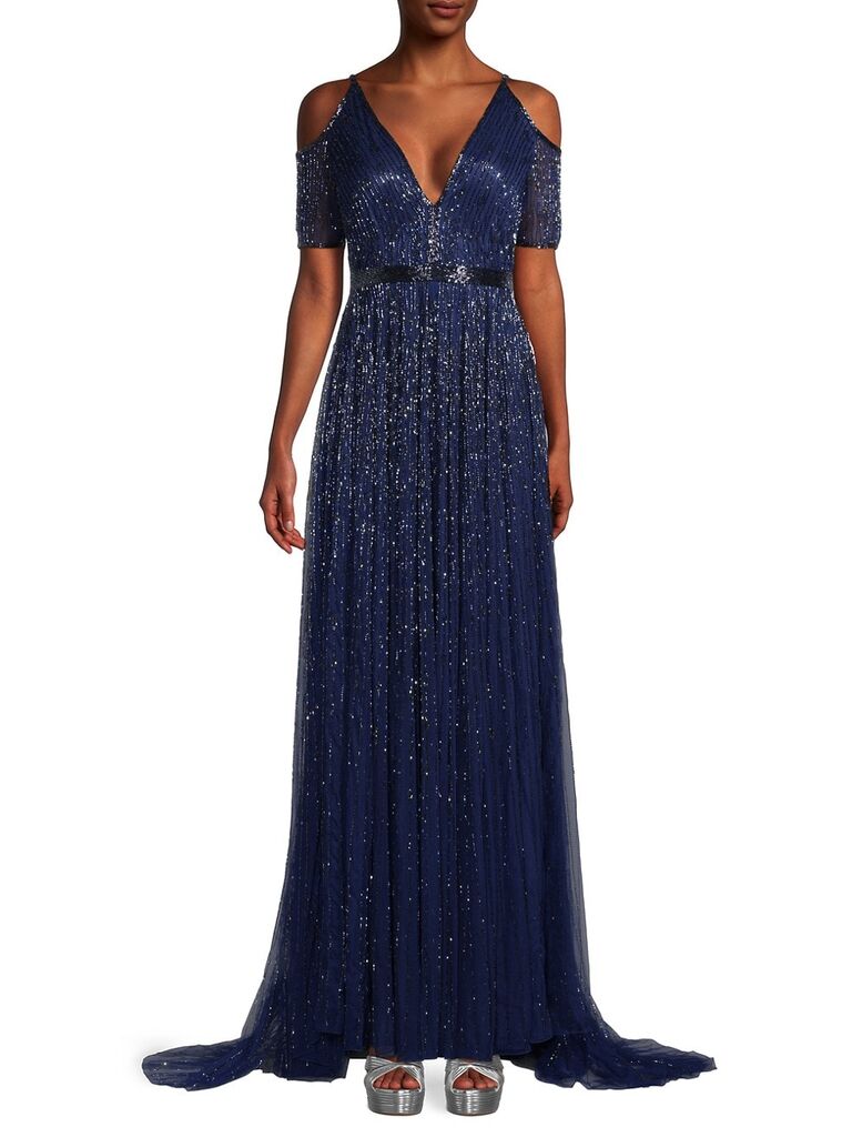 Navy sparkly floor length gown with cold shoulders