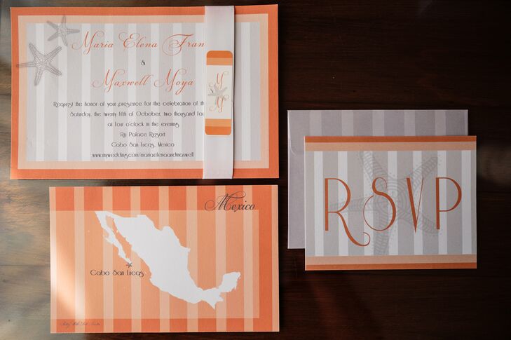 These invitations made it clear that Maria and Maxwell were having a destination wedding in Mexico. Pretty With Ink Invites created this cool invitation suite wrapped in satin ribbon.