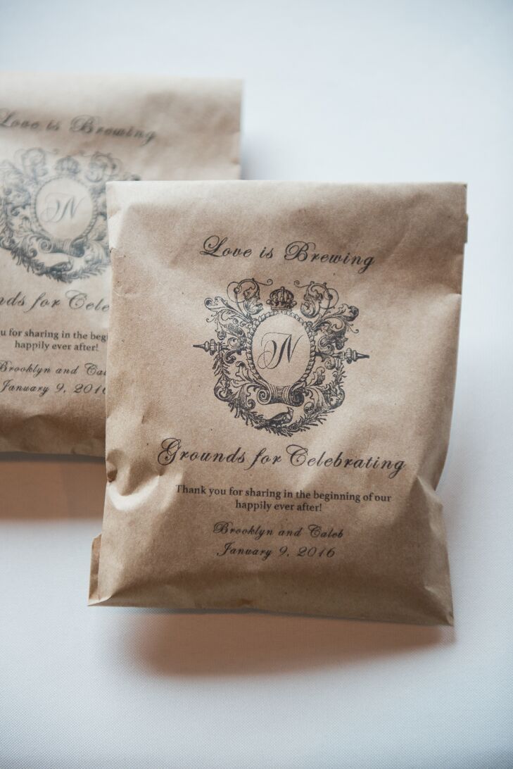 In addition to featuring a full coffee bar of cappuccino, espresso, and lattes at the reception, the couple gave personalized bags of coffee to their guests. Each was printed with cute puns such as “love is brewing” and “grounds to celebrate."