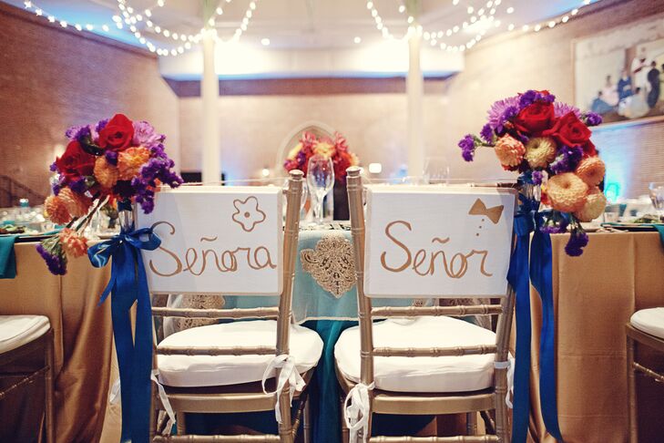 The sweetheart table had white and gold chairs with "Señora" and "Señor" written on the back.