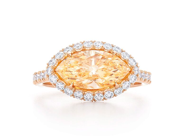 kwait rose gold engagement ring with marquise yellow diamond round diamond halo and round diamond and rose gold band