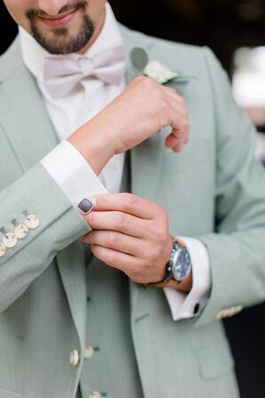 Groom with Mint Green Suit, Pink Bow Tie, Cufflinks and Watch