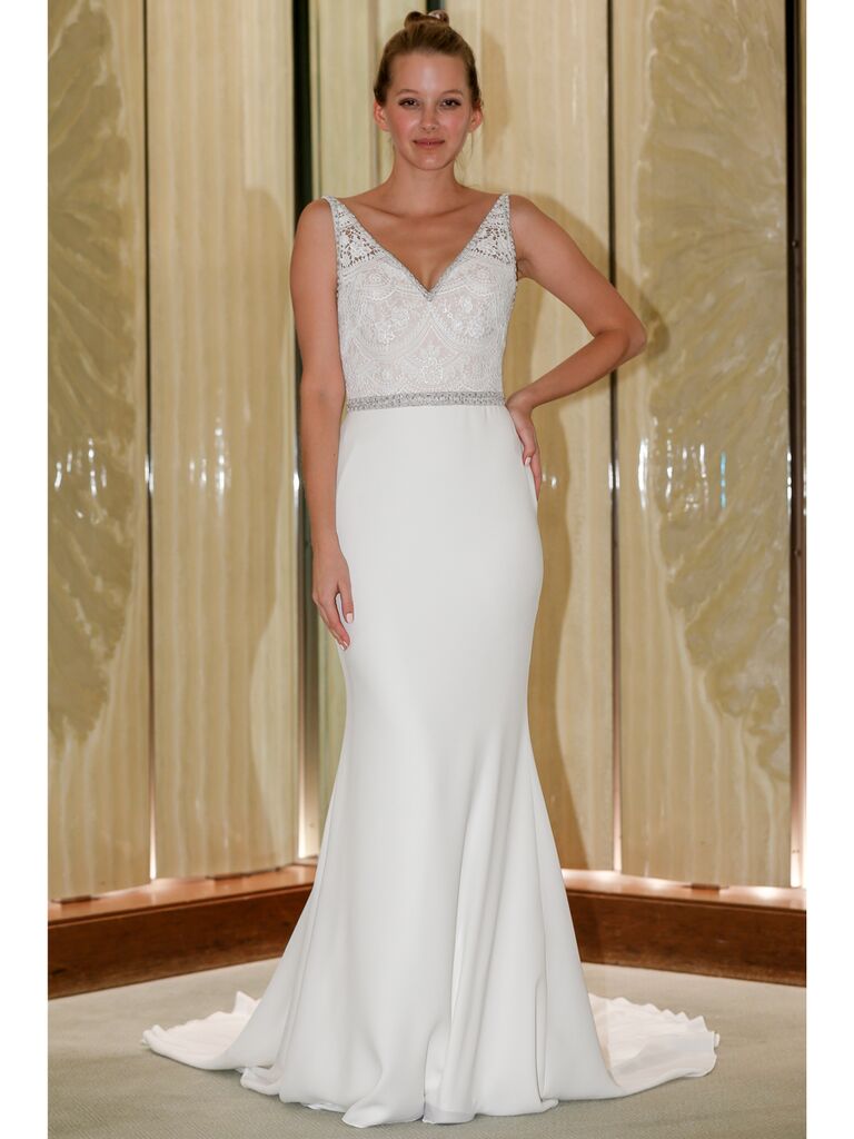 Randy Fenoli Fall 2019 Bridal Collection silk crepe trumpet wedding dress with natural waist belt and embellished sleeves