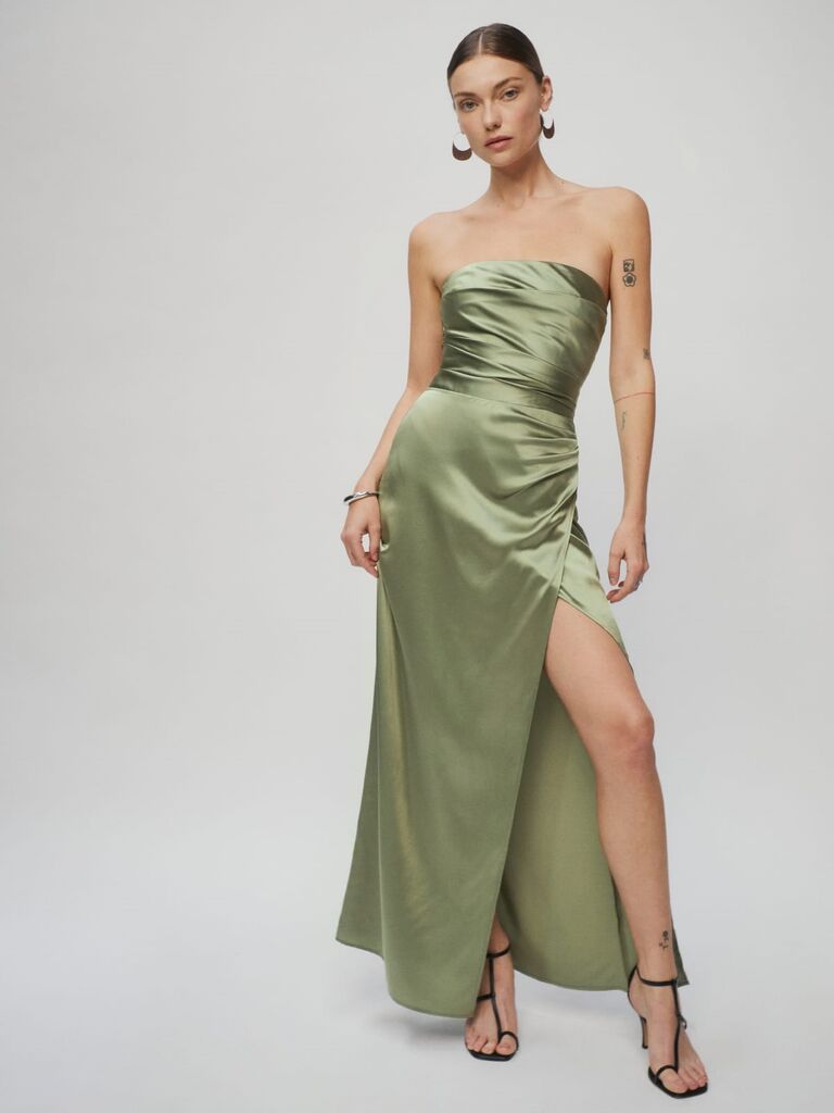 Sage green silk strapless gown. 