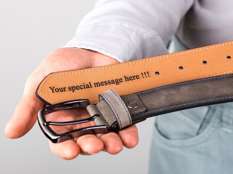 Personalized engraved belt gift idea for father of the groom. 