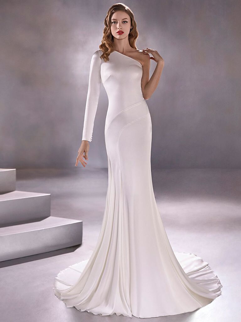 Atelier Provonias wedding dress one-shoulder long-sleeve trumpet gown