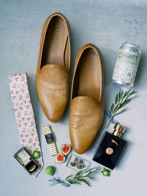 Groom's Accessories Including Shoes, Floral Tie, Olive Twig Boutonniere and Watch