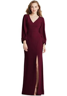 Dessy Group Long Puff Sleeve V-Neck Trumpet Gown - 3083 V-Neck Bridesmaid Dress