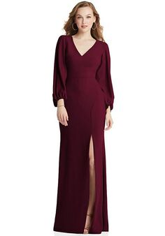 Dessy Group Long Puff Sleeve V-Neck Trumpet Gown - 3083 V-Neck Bridesmaid Dress