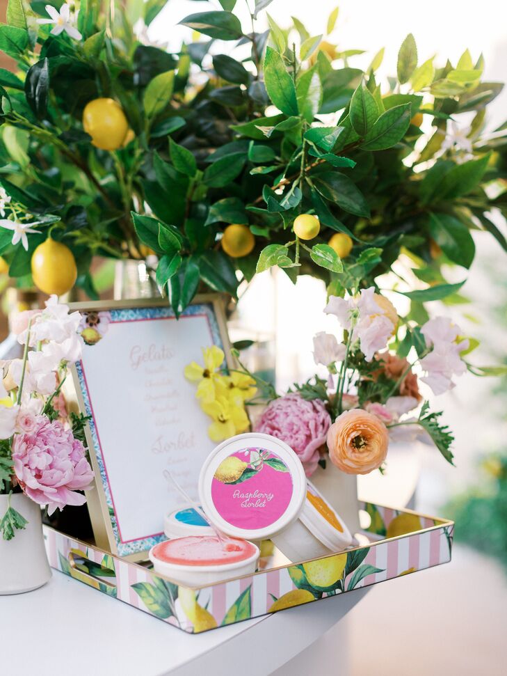 Gelato and Sorbet Display With Menu, Flowers and Lemons at Italian Rehearsal Dinner