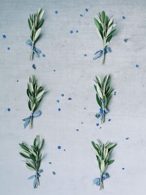 Small Olive Twig Boutonnieres With Pale Blue Ribbon