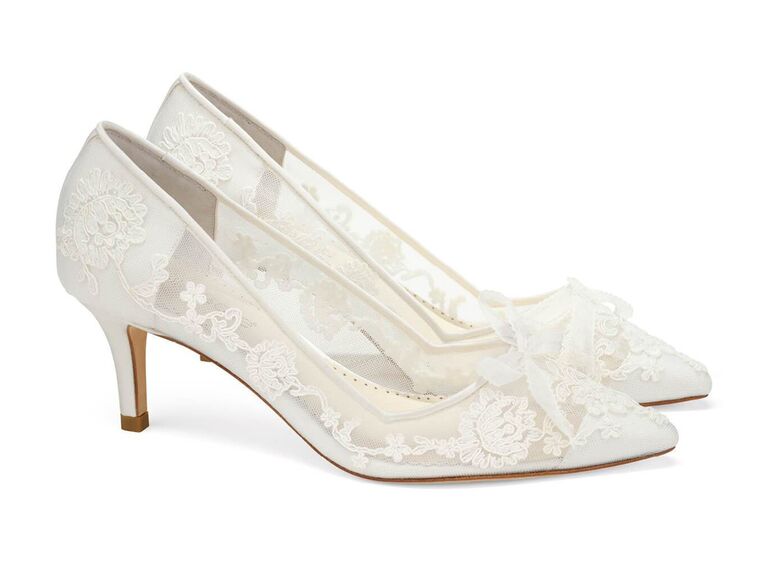 bella belle white lace wedding heels with pointed toes white cap toe and bows