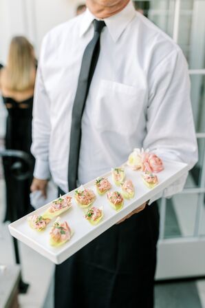 Upscale Passed Seafood Appetizers on Endive Leaves at Outdoor Garden Party Wedding