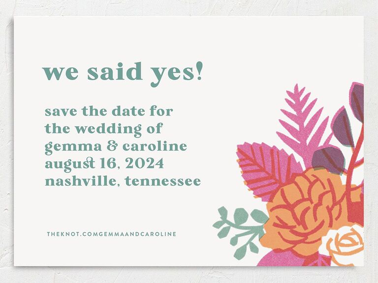 the knot white sage orange pink and purple retro floral simple save the date card