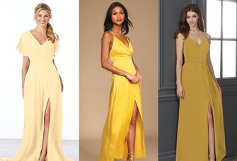 Three models show off the wide variety of yellow bridesmaid dresses discussed in the article.