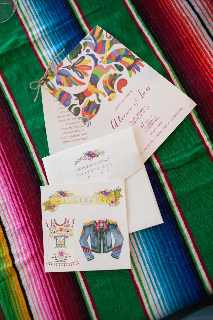 Alicia’s artist friend Sogoal Zolgadri of Sogi’s Honey Bakeshop created the artwork for their save-the-date—a bullfighting jacket and a Mexican embroidered dress under a flowered banner with the couple’s names. “She blew us away with the fabulous watercolor image she painted,” Alicia says. “We loved her painting so much, we used the image throughout almost every aspect of the wedding.”