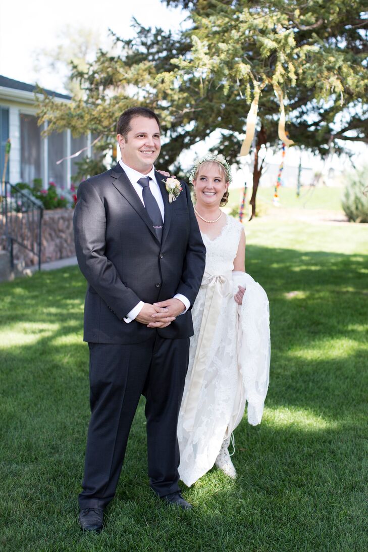 First Look With Lace Wedding Dress