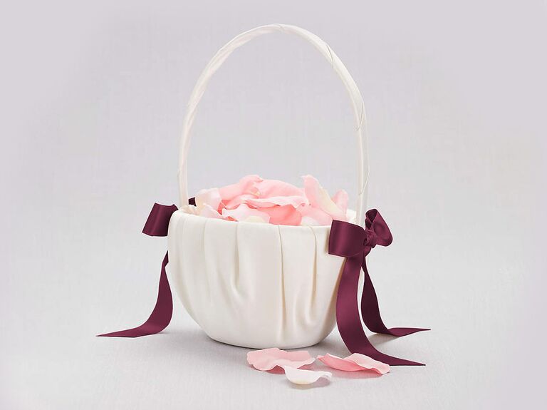 white flower girl basket with maroon bows