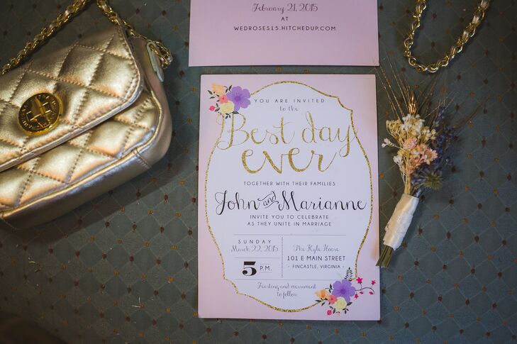 Marianne and John's wedding theme was 'Best Day Ever,' so their pink bordered wedding invitations with bright floral motifs included the slogan in glittery gold font.