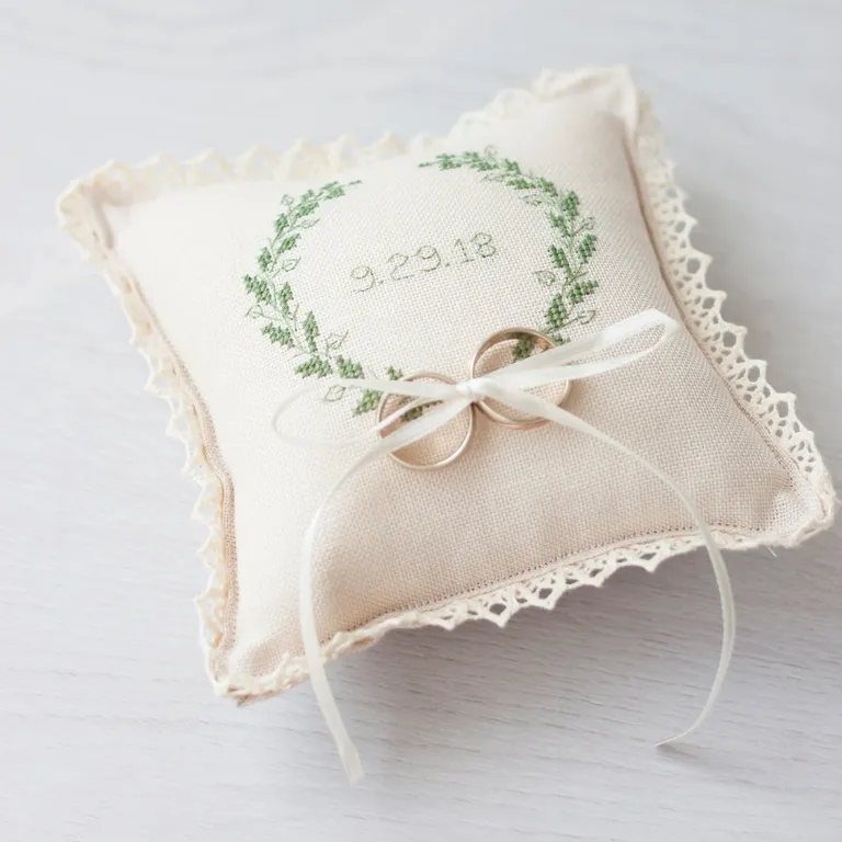 Personalized ivory ring bearer pillow with laurel wreath