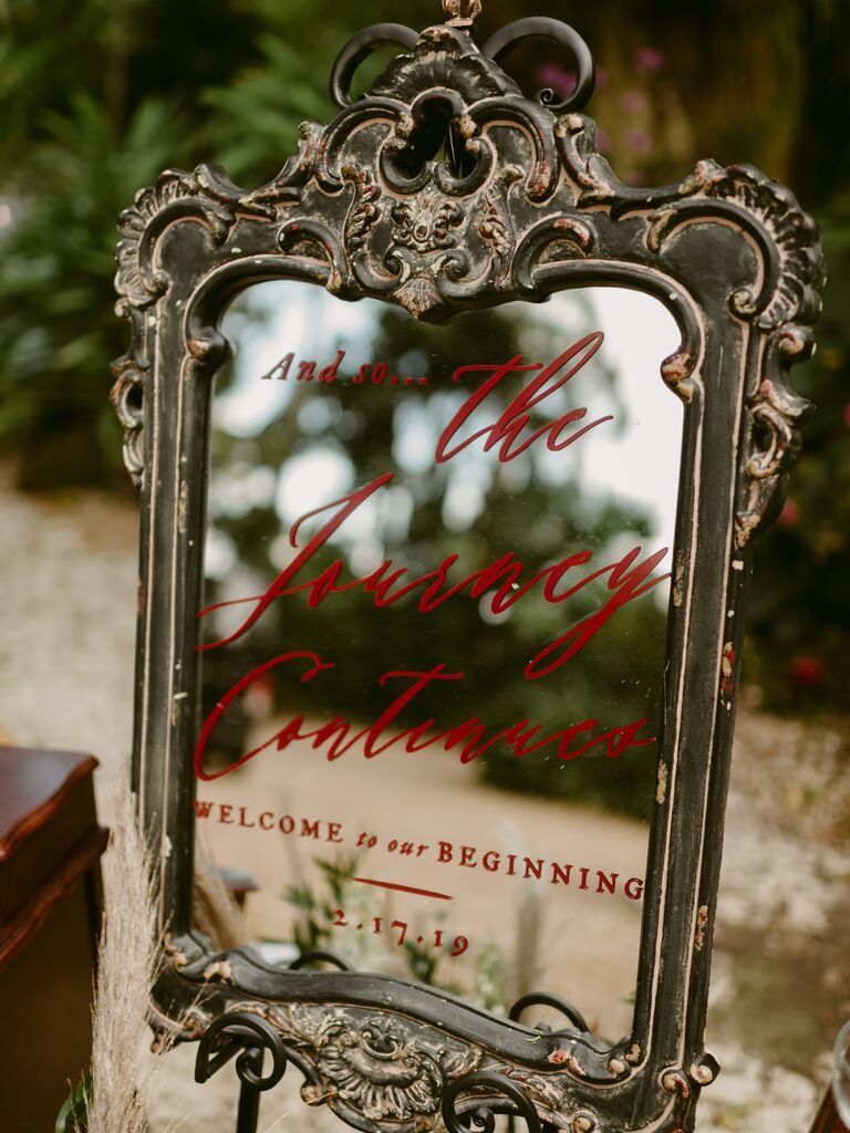 Mirror welcome sign for your chic wedding reception decor