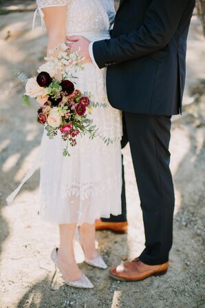 Casual Short Wedding Dress, Silver Heels and Rose Bouquet