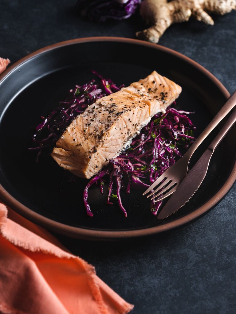 Salmon and purple coleslaw cannabis-infused meal.