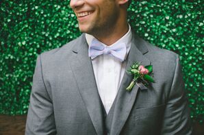 Groom in Gray Suit with Purple Bow Tie