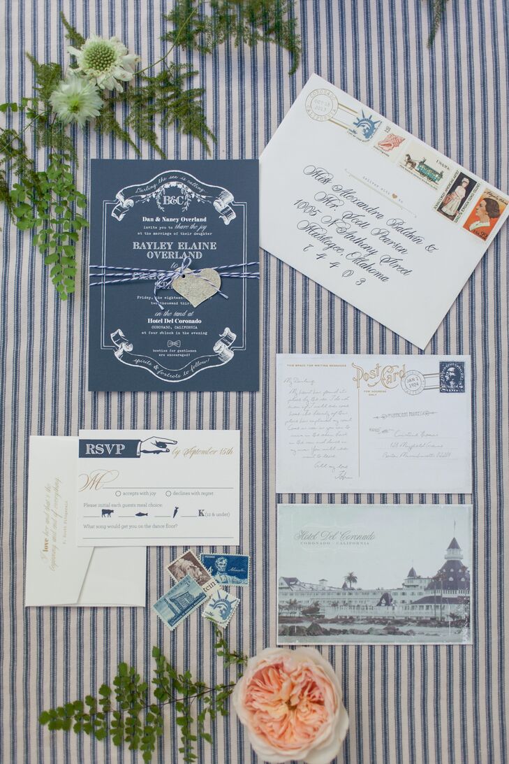 The navy and white stationary for the wedding invitations had an art deco style that reflected the historic theme of the wedding.
