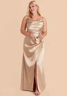 Birdy Grey Lydia Shiny Satin Dress in Neutral Champagne Scoop Bridesmaid Dress