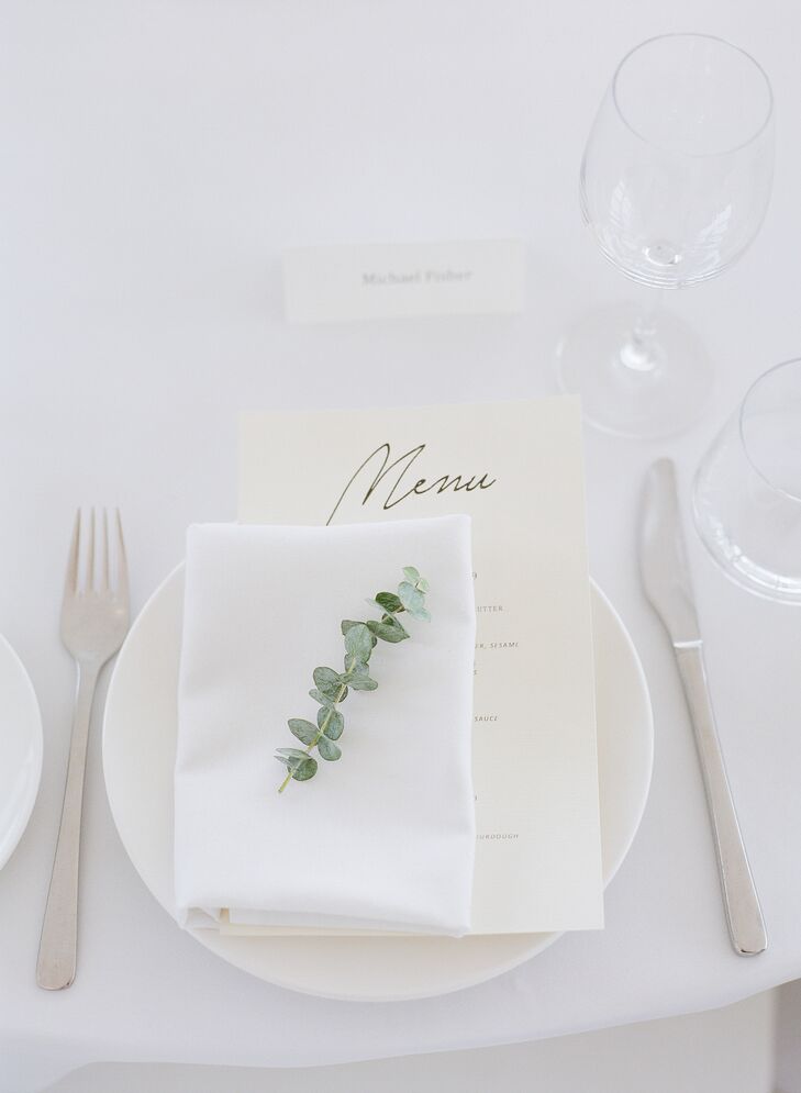 Modern White Place Settings with Paper Menu and Eucalyptus Sprig