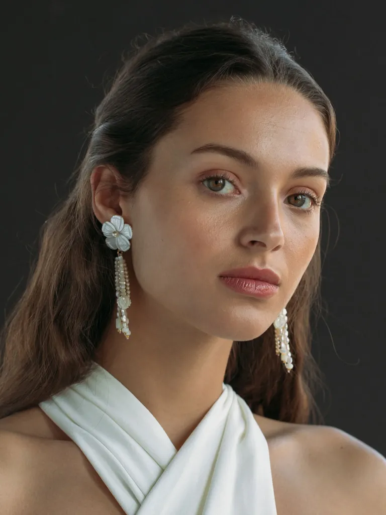 Mother of pearl flowers with pearl beaded strings dangly bridal earrings