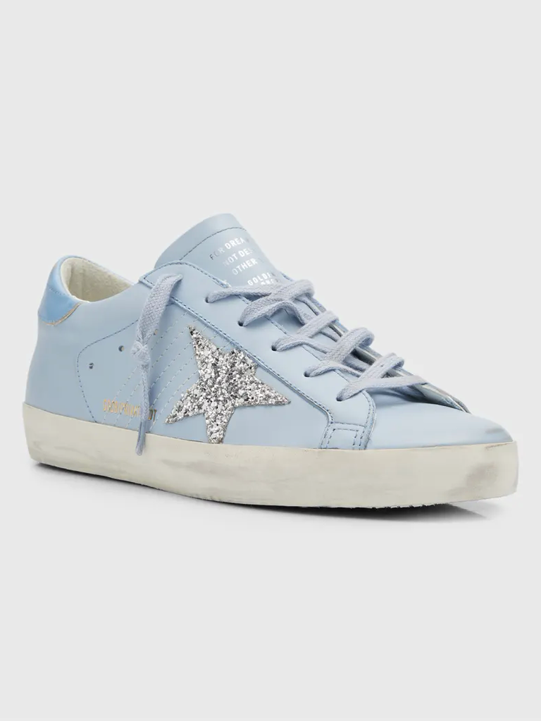 Leather sneaker in blue with glitter accents