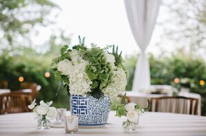 Blue and White Potted Neutral Floral Centerpiece