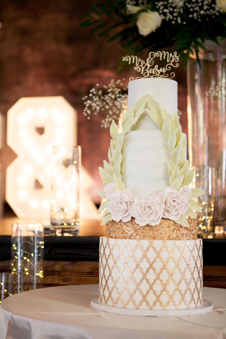 Glam Gold-Patterned Cake with Fondant Laurel Wreath