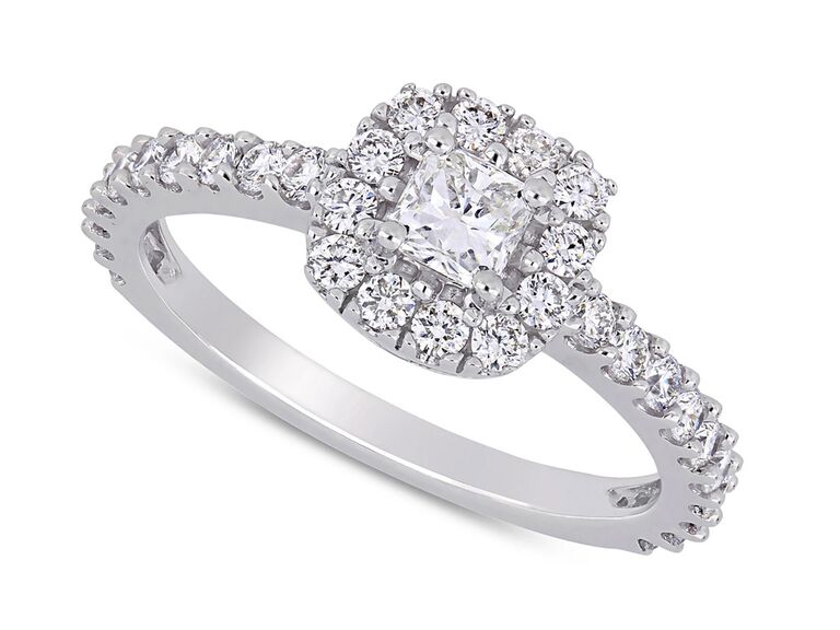 macy's diamond cushion cut engagement ring with round diamond halo and round diamond band