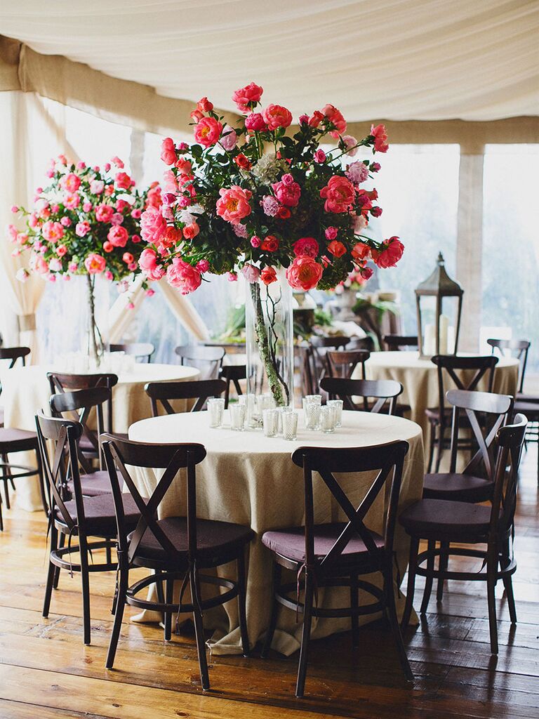 Tall reception table centerpieces with cabbage roses