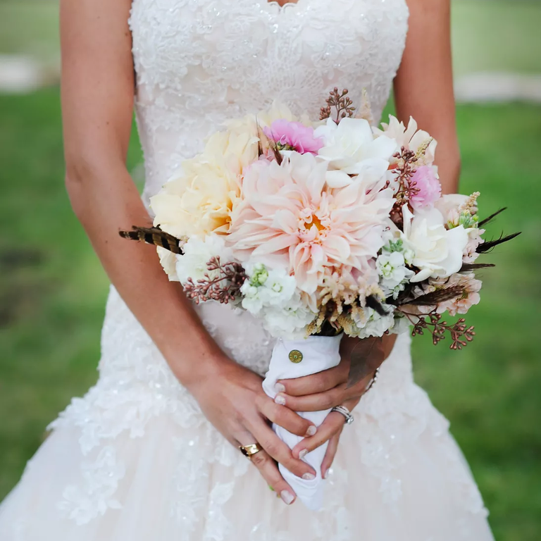 Wedding bouquet with Dahlia, Gardenia and Alstroemeria
